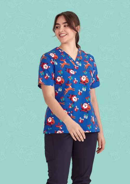Womens Christmas V-Neck Short Sleeve Scrub Top - Santa Electric Blue
