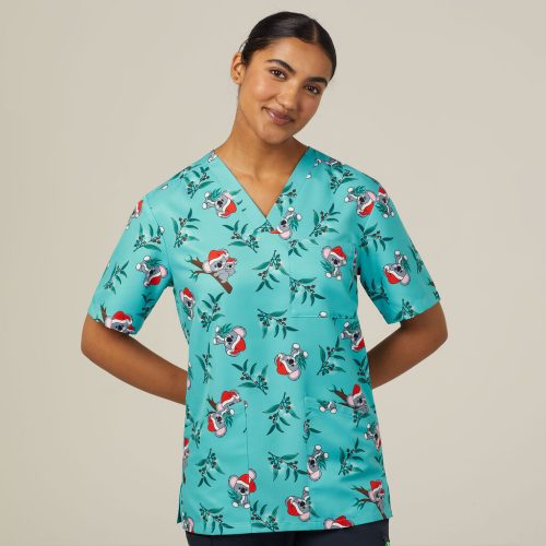 FESTIVE SANTA KOALA PRINT SCRUB TOP - MINT KOALA PRINT