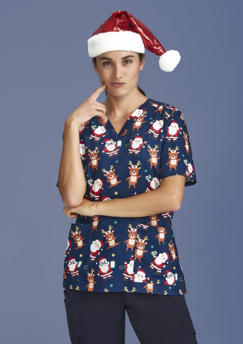 Christmas Scrub Top V-Neck MIDNIGHT NAVY